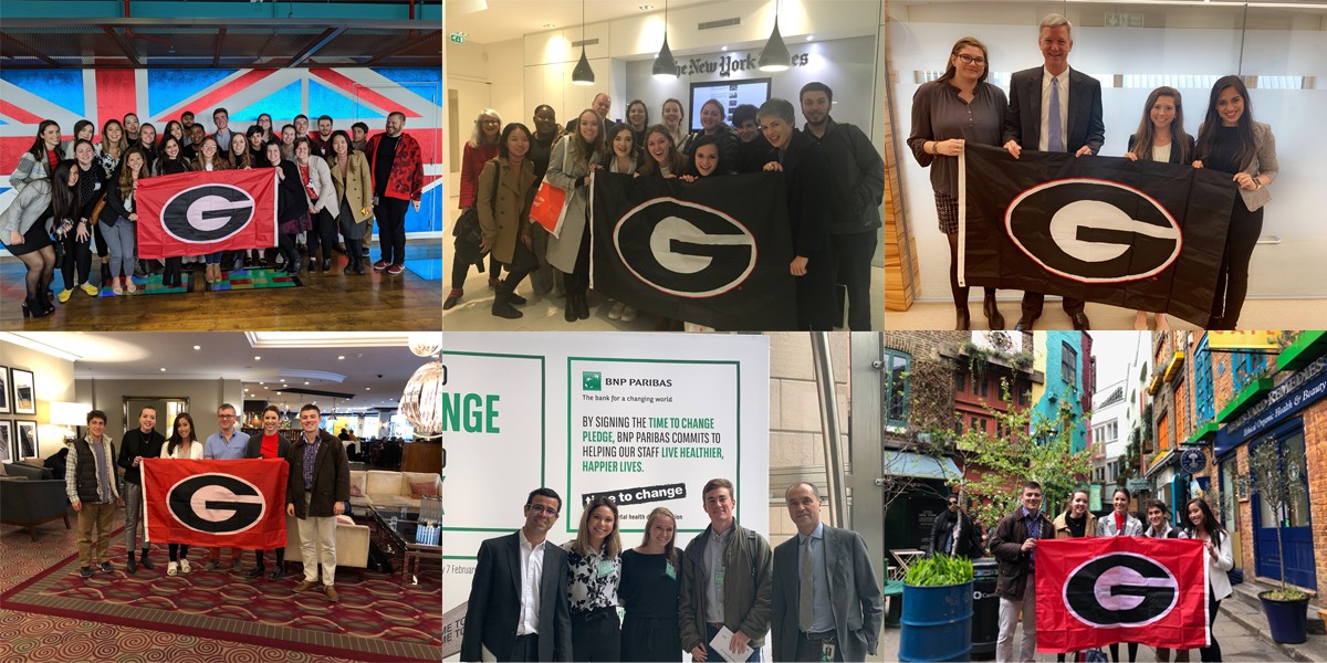 Collage of University of Georgia students visiting alumni workplaces in London in April 2019